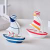 Sailboat Ornament, Wooden Iron Desktop Figure, Small Nautical Tabletop Decoration, Blue White Striped Lifebuoy Starfish Marine Style Ornament
