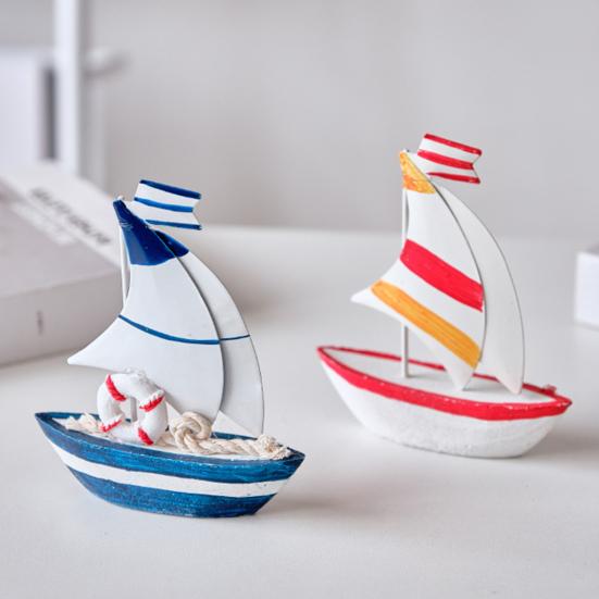 Sailboat Ornament, Wooden Iron Desktop Figure, Small Nautical Tabletop Decoration, Blue White Striped Lifebuoy Starfish Marine Style Ornament