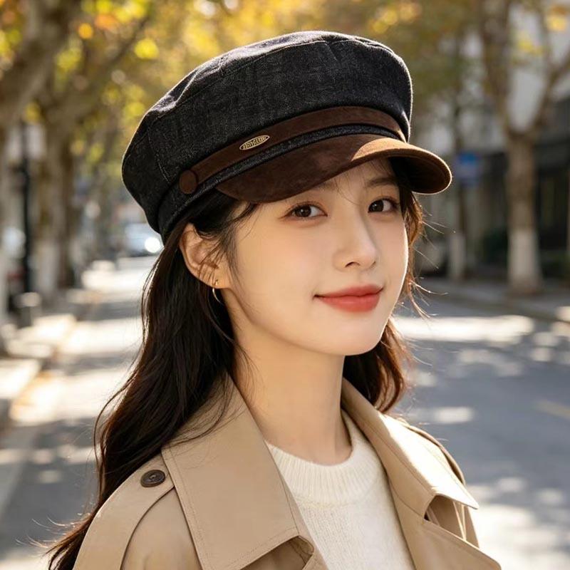 Retro denim splicing navy hat women's autumn and winter suede brim newsboy hat British versatile octagonal flat top hat shows small face