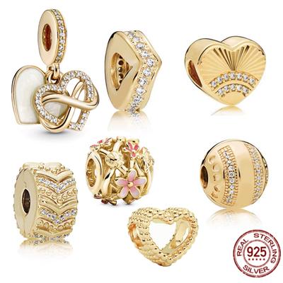 Gold Plated S925 Sterling Silver Hollow Heart Daisy Flower Charm Bead Fit Original  Bracelet Necklace Jewelry For Women