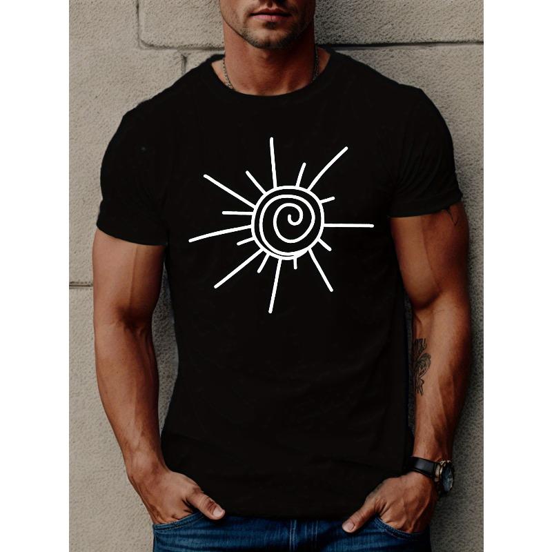 

European Size Men S Casual Crew Neck T-Shirt with Geometric Blazing Sun Design, Knit Fabric, Slight Stretch, Summer Short Sleeve Top - Regular Fit 4XL чорний