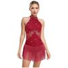 Ladies Sparkly Rhinestone Cha Cha Dance Leotard Tassel Mesh Patchwork Back Hollow Out One Piece Bodysuit