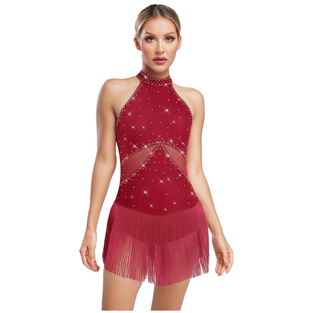 Ladies Sparkly Rhinestone Cha Cha Dance Leotard Tassel Mesh Patchwork Back Hollow Out One Piece Bodysuit