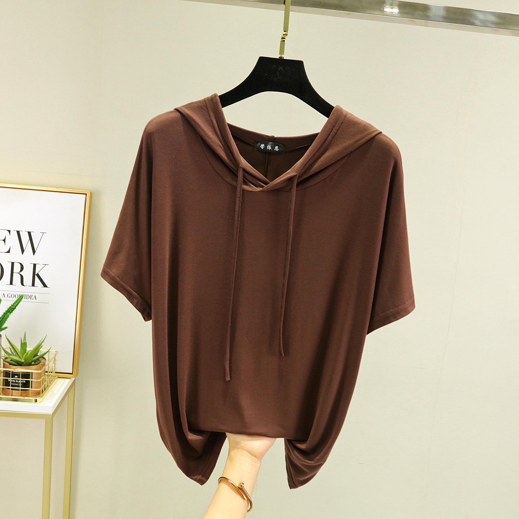 

Женская футболка 12 однотонных цветов, модальные летние толстовки с капюшоном, короткие рукава, свободные повседневные футболки, тонкие уличные футболки 2XL