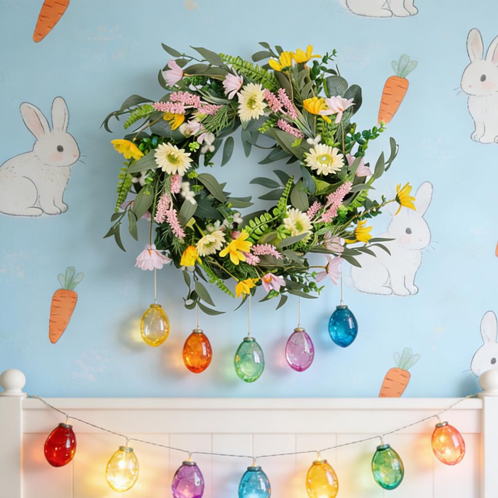 3D 45cm Easter Simulation  Olive Leaf Vine Wreath, Artificial Flower Glowing Home Decor Wall Hanging