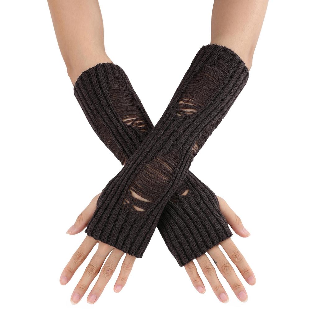 Perforated and Hollowed Out Woolen Gloves for Autumn and Winter Mid Length Fingerless  Warm and Fashionable Knitted Arm Covers for Women