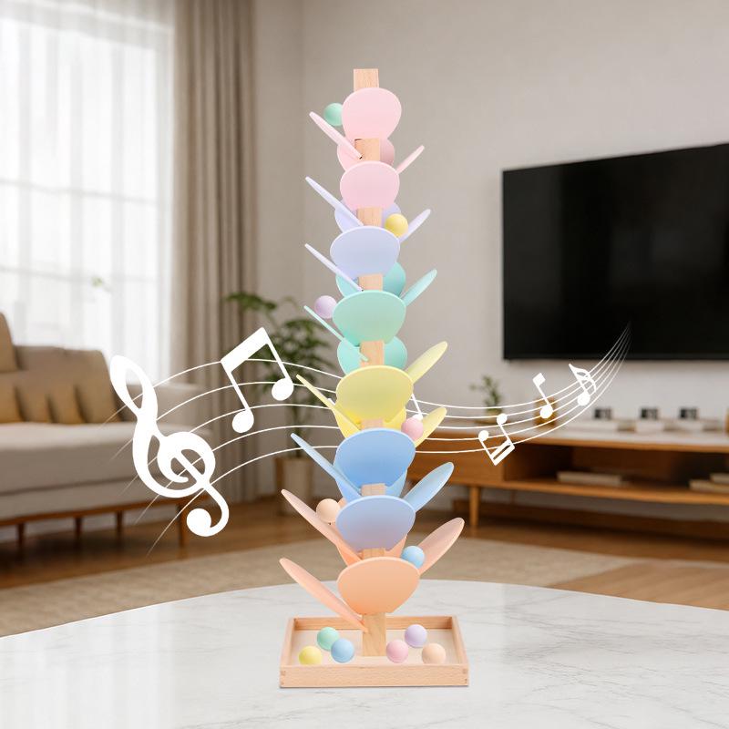 Macaron-Colored Beech Wood Music Tree: Montessori Sensory Roller Ball Toy for Early Learning