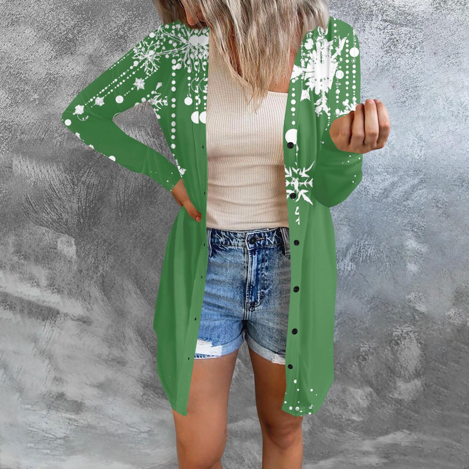 

Длинный рукав Женский ретро принтованный топ Легкий базовый свободный жакет Кардиган Повседневные рубашки Рождество XXXXXL зелёный