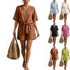 Womens Nordic Casual V Neck Single Breasted Tie Waist Shorts Set Lightweight Relaxed Fit Summer Outfit