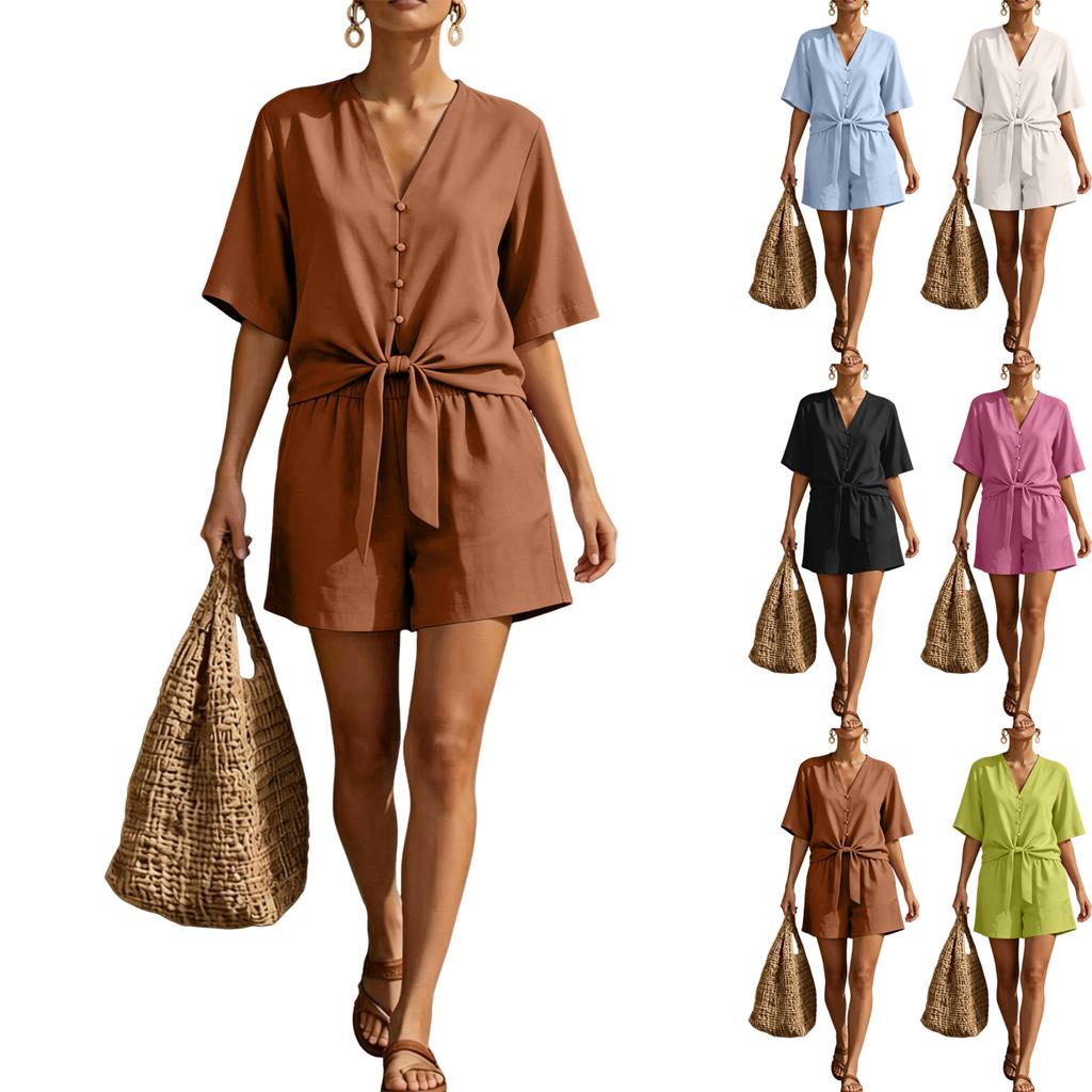Women's V-Neck Casual Shorts Set - Single Button Front with Tie Waist, Two-Piece Outfit for Summer
