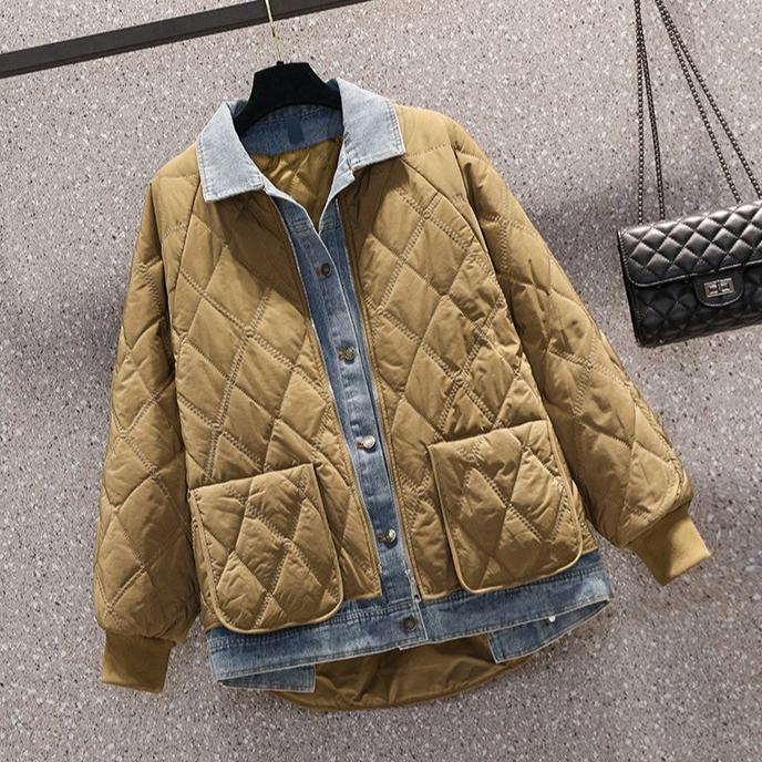 Women's Autumn Vacation Two-piece Denim Stitching Padded Jacket Jacket Loose Fashion Rhombic Padded Jacket