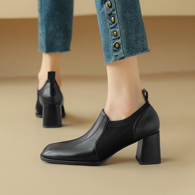 Fashion 2025 Autumn New Genuine Leather Soft Work Shoes Women High Heel Stretch Square Toe Slip on Brown Khaki British Style Heels Women