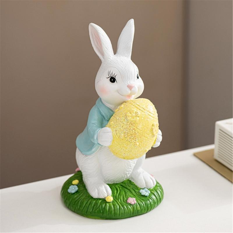 Handcrafts Resins Easters Bunnies Holding Eggs Decoration Cute Rabbit Figurine with Lawn Base for Home and Office Decors