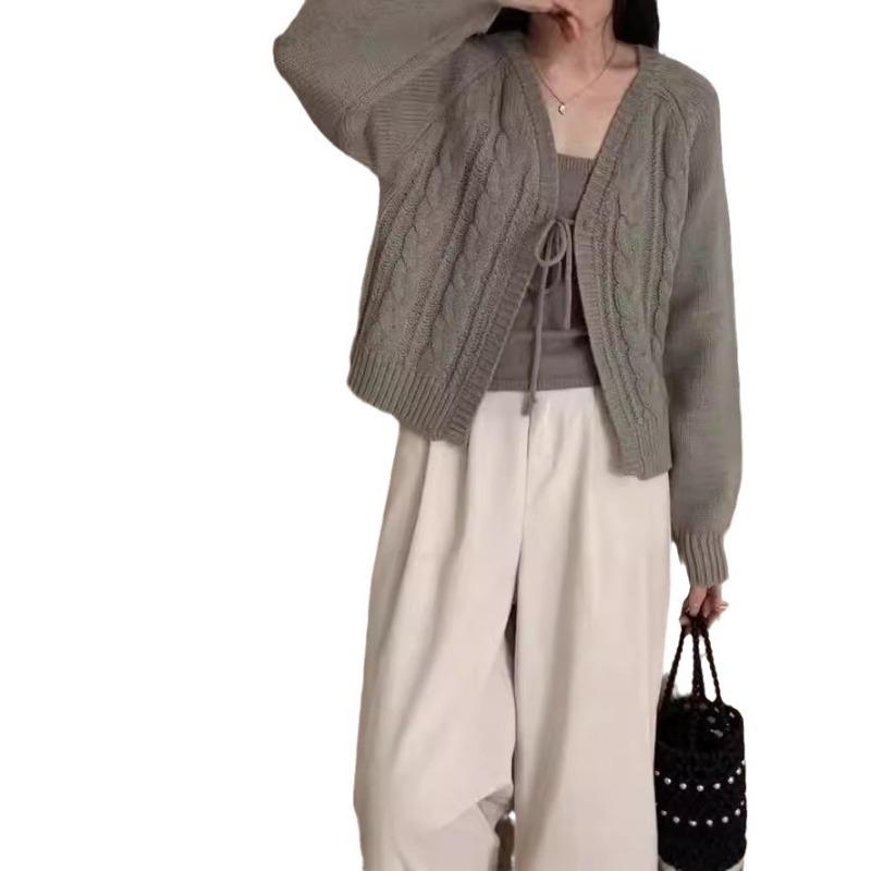 Knitted Cardigan Jacket New Soft Waxy Short Sweater Top Versatile Round Neck Lace-up Twist Shawl Two-piece Set Women