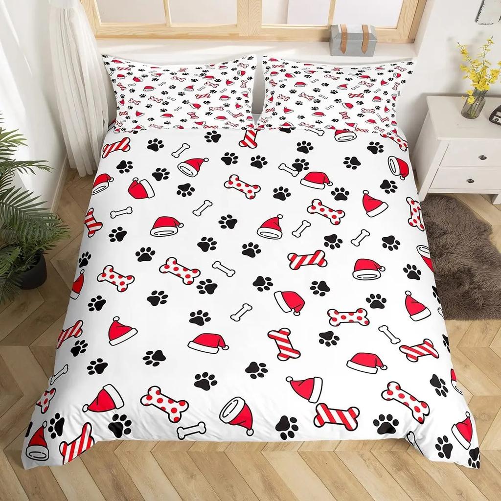 Dog Paw Print Duvet Cover Watercolor Gradient Puppy Footprints Comforter Cover with 2 Pillowcases,Funny Pets Animal Quilt Cover