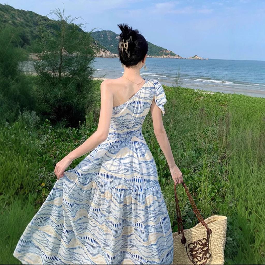 Retro Off-shoulder Suspender Dress for Women In Summer Sexy Backless Seaside Vacation Long Skirt