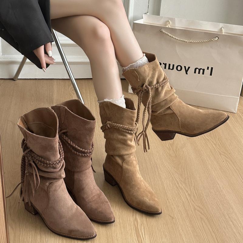 Cowhide Version~ Thick-soled Boots Female Waste Retro Style Knight Boots Genuine Leather Matte Fringed Hemp Rope Thick Heel Medium Boots