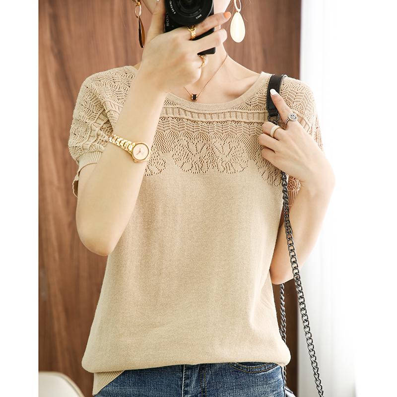 WTEMPO T-shirt Women's Summer Round Neck Pullover Short Sleeve Casual Solid Color Cut-out Knitted Women's Loose Top