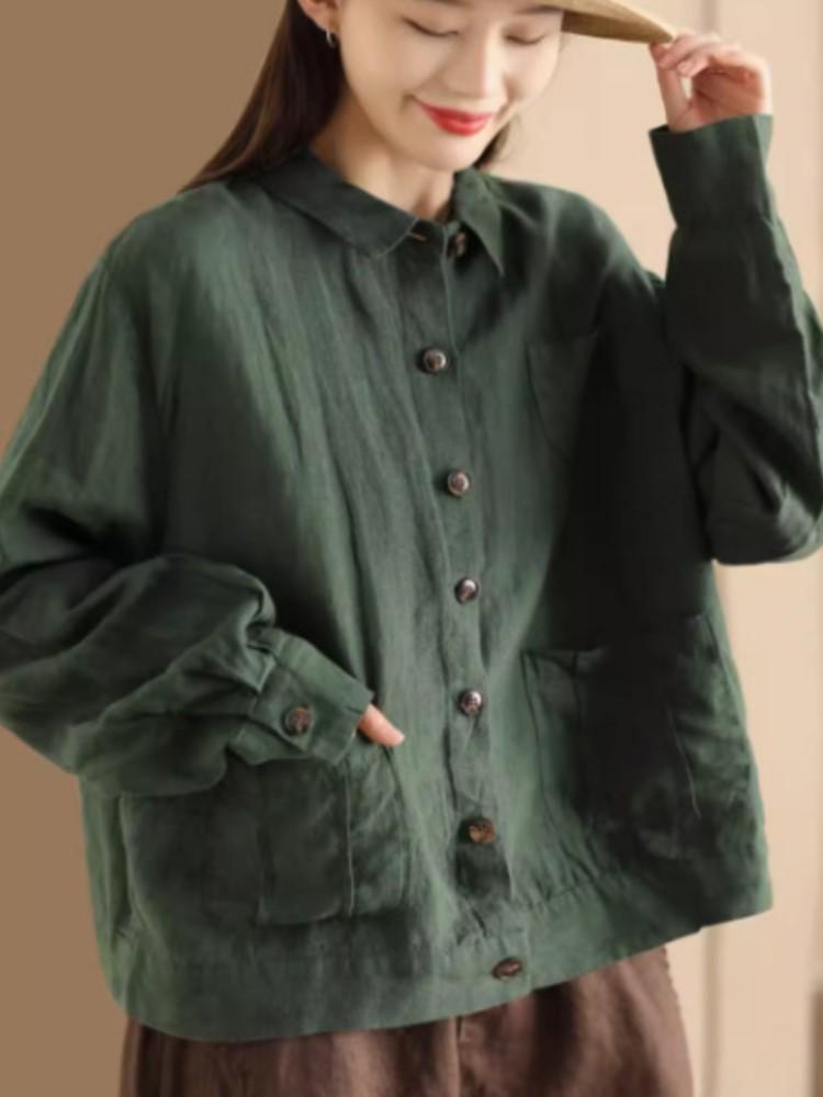 

Johnature Женские винтажные рубашки Однотонные длинные рукава Отложной воротник Лоскутные карманы Пуговицы Блузки Весенняя рубашка One Size темно-зеленого