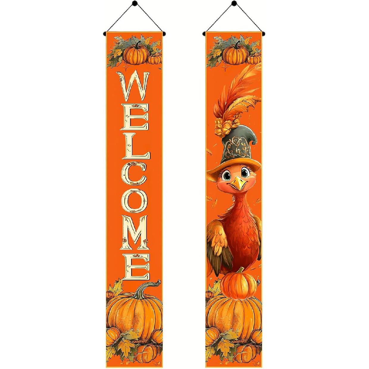 2pcs Thanksgiving Turkey Porch Banner Sign Set 12x71 Inch Autumn Thanksgiving Doors Decoration Fall Welcome Sign Pumpkin Door Banners for Thanksgiving