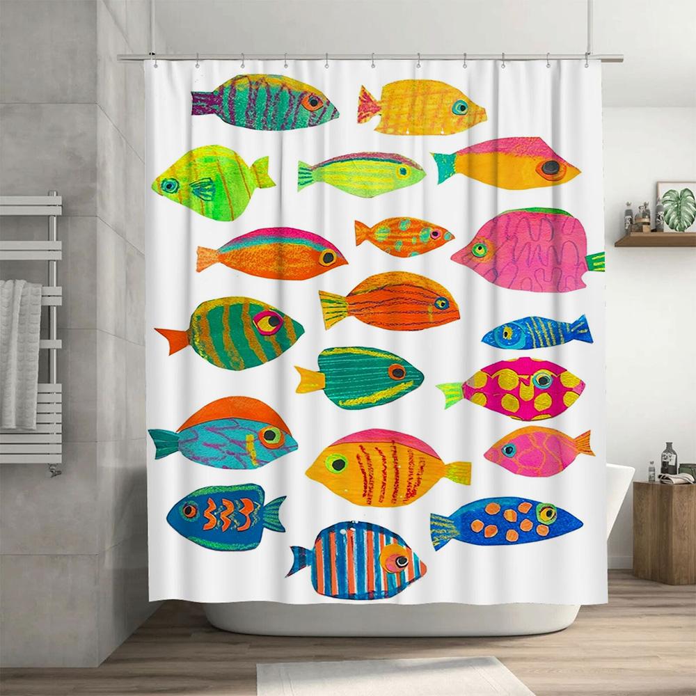 Bright Fish Shower Curtain Set Waterproof Fabric For Bathroom Decor Colorful Fruits Seafood Print 3D Custom-Made Waterproof Bath