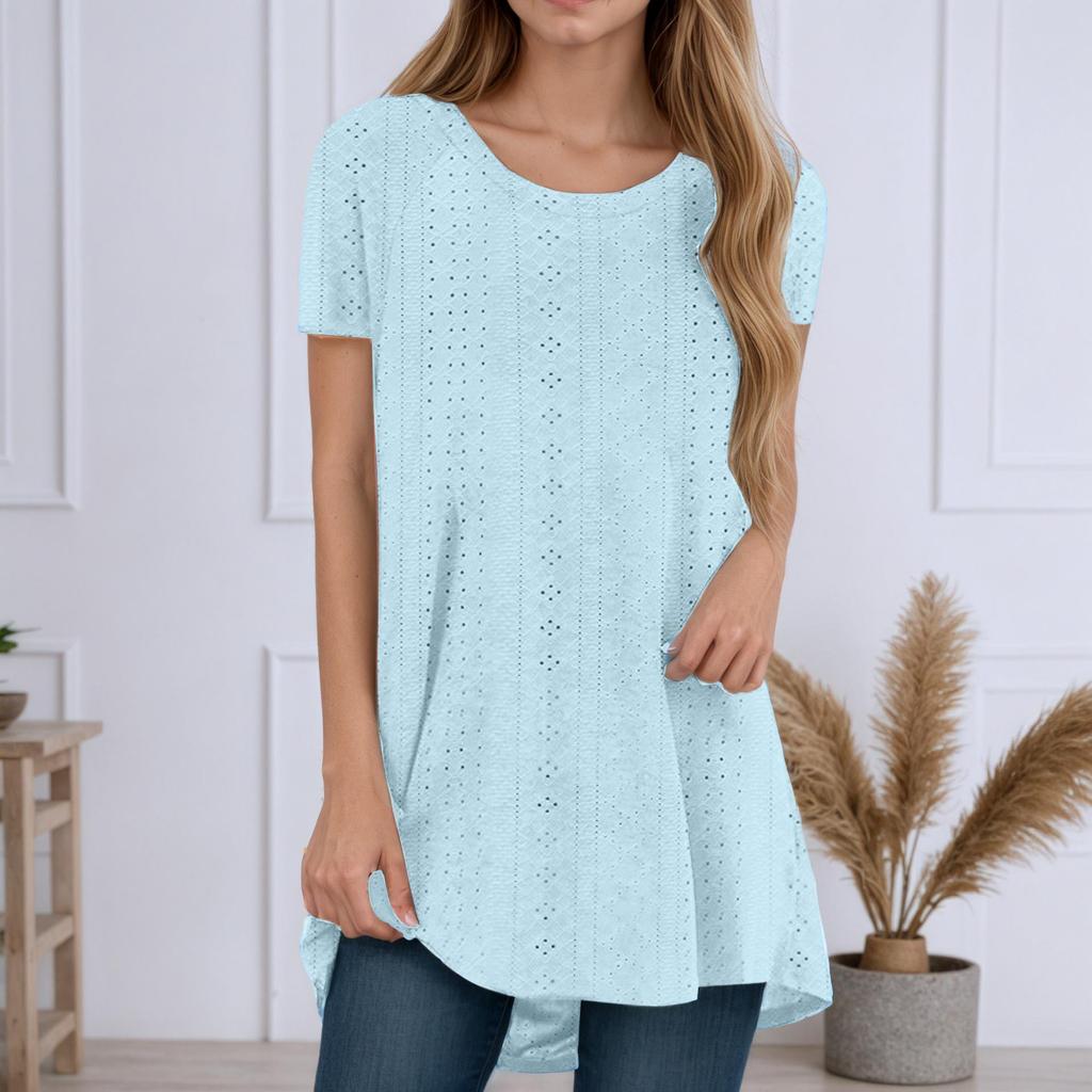 2025 Summer Round Neck Short Sleeve Irregular Hem Loose Cutout T-shirt