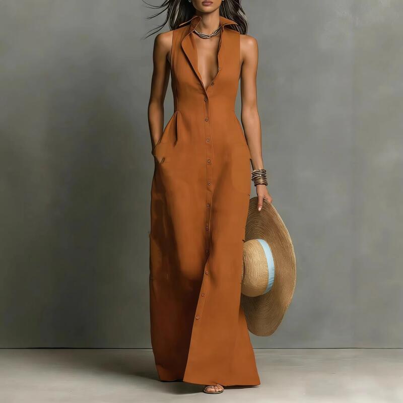 Women Sleeveless Lapel Shirt Maxi Dress Front Button Down Long Dress Summer Casual Vacation Dress