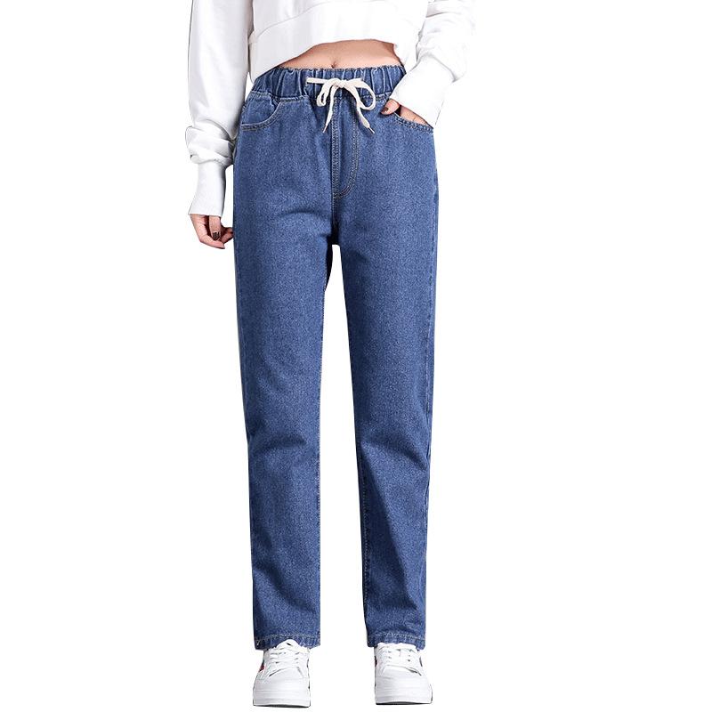 Korean Women's Straight-leg Casual Elastic Waist Tie High Waist Student Jeans Women's Loose Nine-point Dad Pants Women