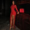 European and American Style Solid Color Women's Clothing Chest-wrapped Pleated Split Hip-wrapped Skirt Perspective Sexy High-necked Long-sleeved Dress