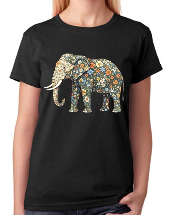Floral Elephant Artwork Ladies T-Shirt Cute Nature Animal Art Tee L