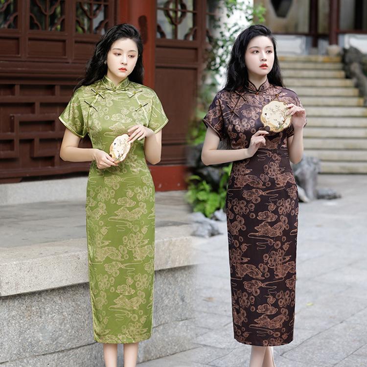 1011 summer and autumn new fashion satin cheongsam medium and long double-layer improved slim daily banquet national style women's clothing