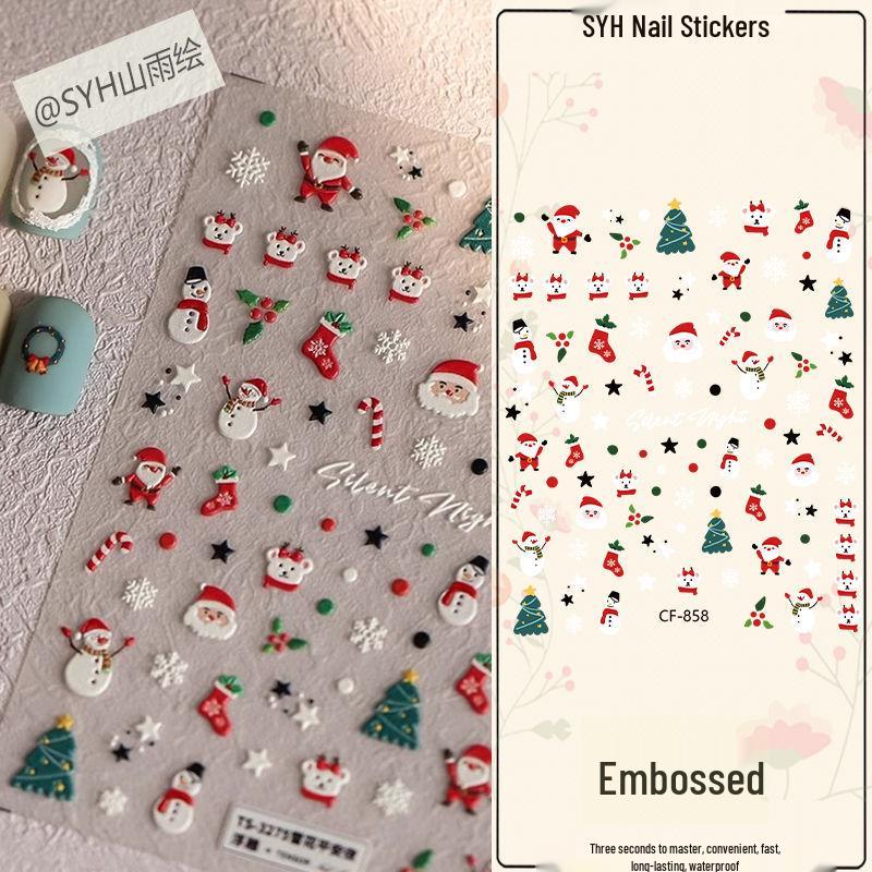 Festive 3D Christmas Nail Art Stickers: Cute Santa, Tree & Snow Designs 1 Sheet Christmas Nail Art Stickers