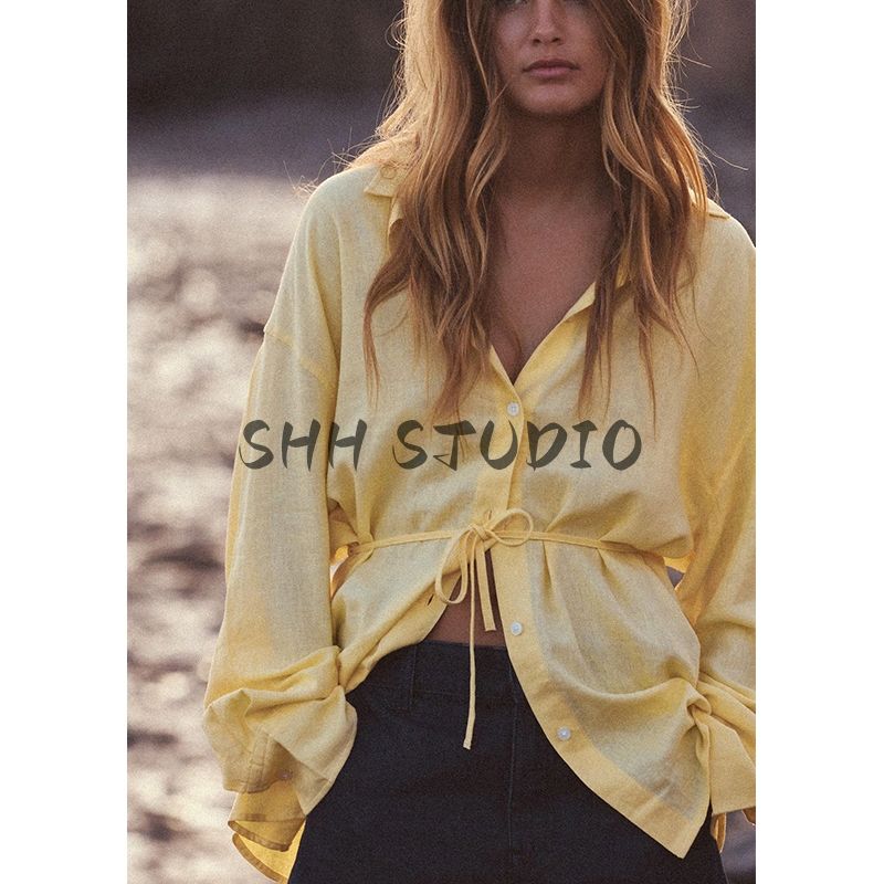 Spring New Women's Clothing Work Clothing Linen Blended Draping Shirt 4764055 4764052 4764051