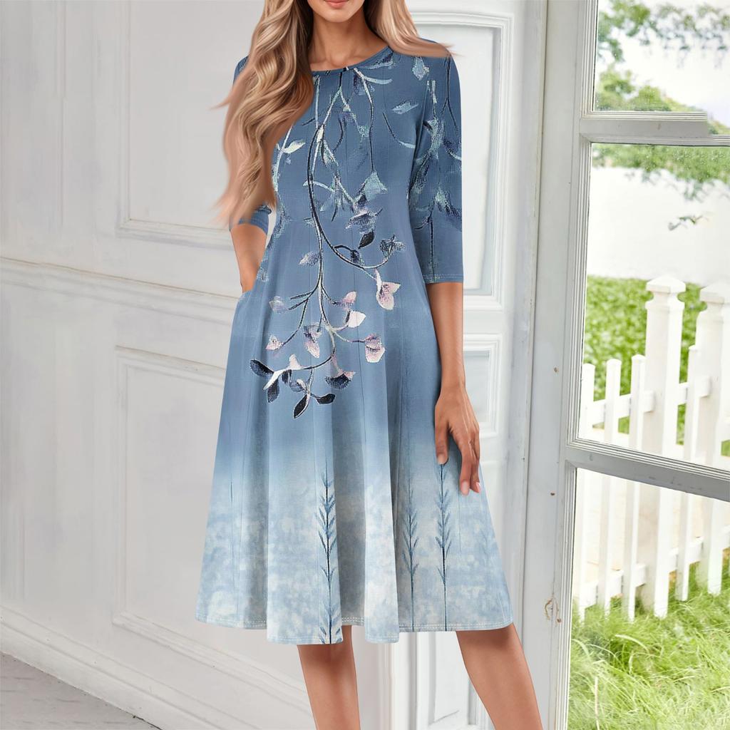 Women's Casual Fashion Round Neck Three Quarter Sleeve Print Midi Dress