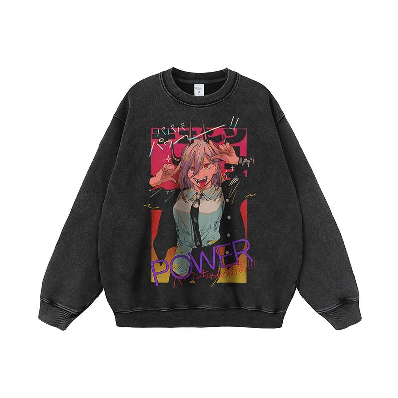 Oversized Anime Print Washed Cotton Hoodie Mens Streetwear Long Sleeve Loose Fit