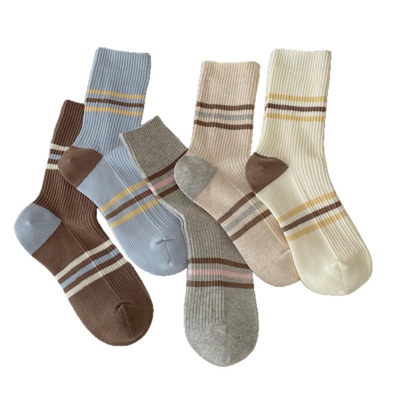 Autumn and Winter Micro-pressure Boneless Double-yarn Color-blocked Striped Socks, Pure Cotton Girls' School Style Comfortable Anti-pilling Pile Socks