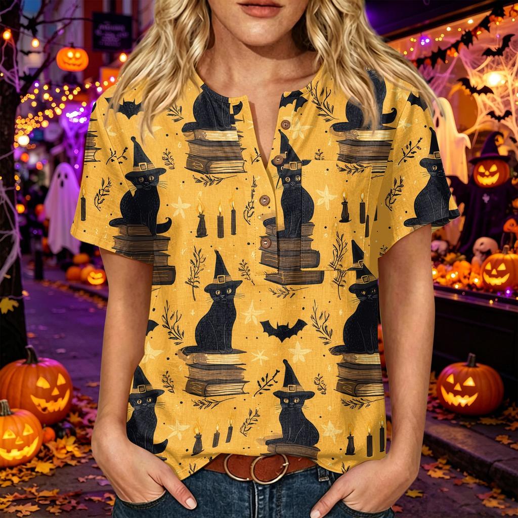 Women's Casual Halloween Print V Neck Short Sleeve Button Detail Three Quarter Sleeve T Shirt Top for Everyday Wear