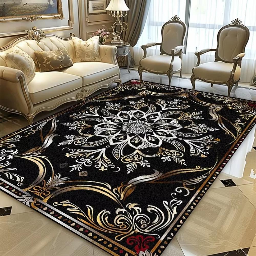 Černý Květinový Perský Turecký Tištěný Koberec pro Dekor Obývacího Pokoje Podložka na Podlahu v Prostoru Pohovky Koberček k Posteli Balkon Kuchyňská Stolní Podložka