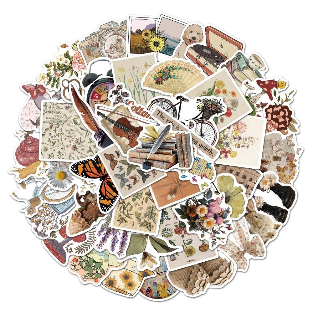 50pcs Vintage Animal Flower PVC Sticker Aesthetic Children's Stationery DIY Decoration Scrapbooking School Supplies
