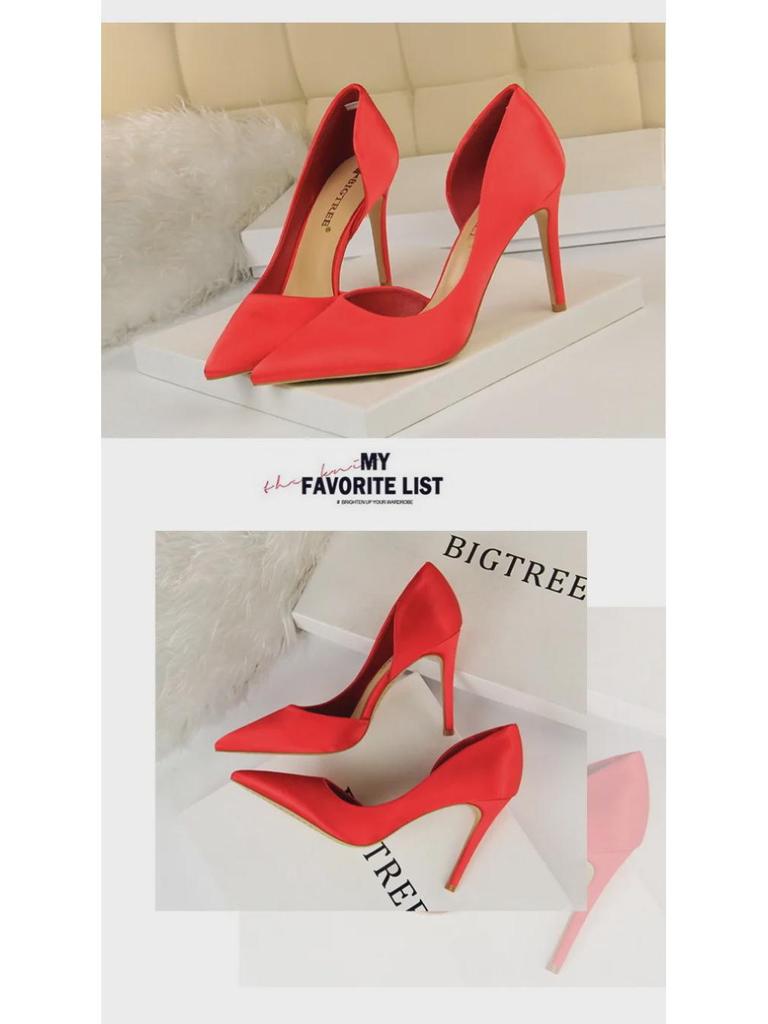 European & American Style Satin Stiletto Heels – Pointed, Shallow, Side Hollow Design for a Sexy Nightclub Look, Slim Fit Women's High Heels