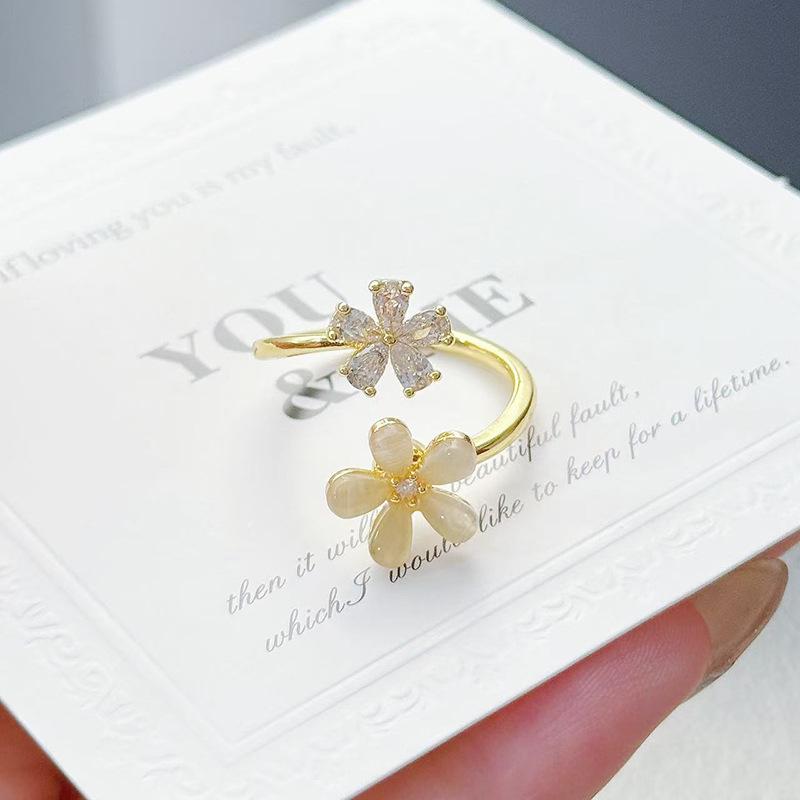 Medieval Vintage Enamel Zircon Flower Opening Ring Niche Design Light Luxury High Sense Ring Woman