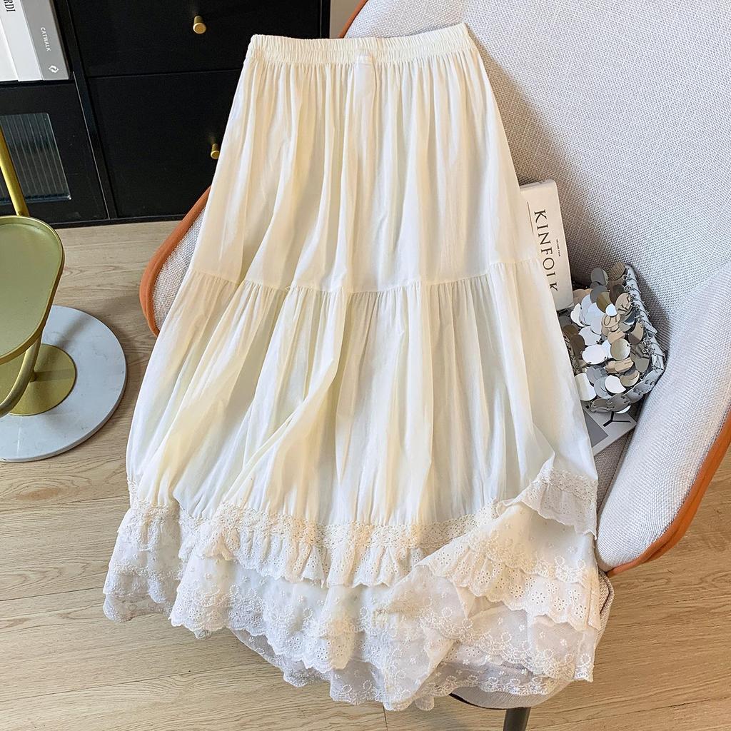 Retro Forest-Style Lace Mesh Cotton Midi Skirt for Women