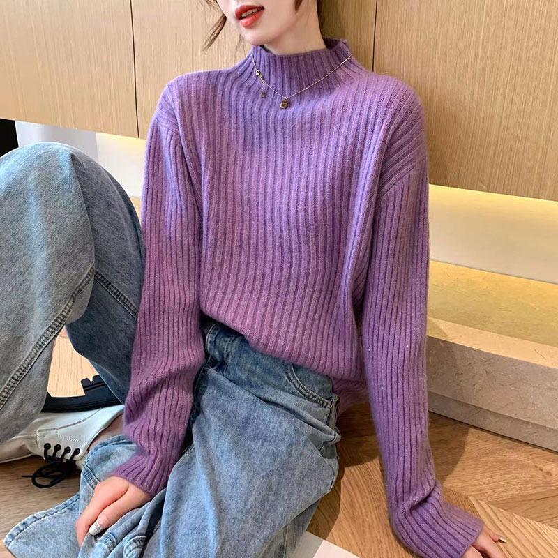 Women's Casual Ribbed Knitwear: Autumn & Winter Solid Color Loose Half-High Collar Sweater.