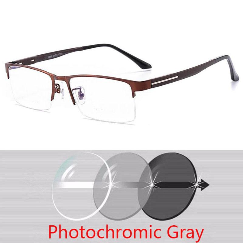 Men's Outdoor Shade Semi-Rimless Photochromic Gray Square Prescription Eyeglasses Metal Shortsight SPH 0 -0.5 -0.75 -1.0 TO -6.0