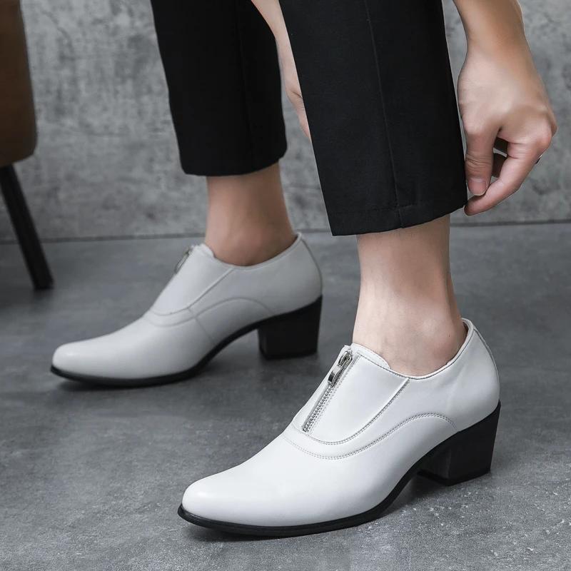 Men's British Black White Zip Patent Leather Height Increasing Shoes Men Male Monk Strap Formal Wedding Oxfords Men Dress Shoes
