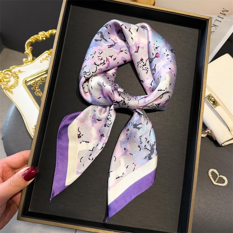 New Floral Print Shawl Square Scarf for Women Soft Satin Wraps Neckerchief Female Hair Bands Ribbon Headband Bandana