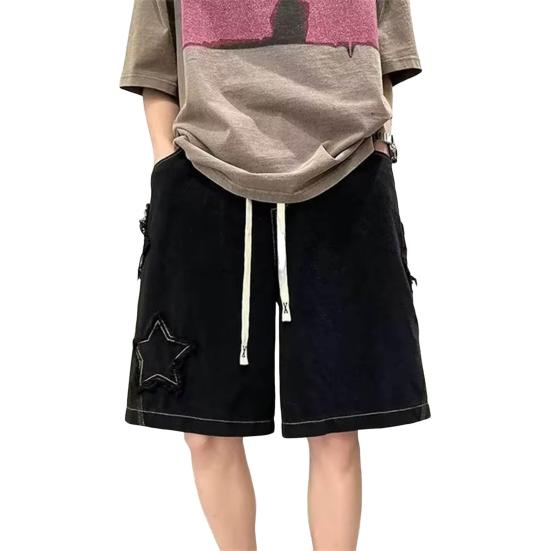Men Denim Shorts Elastic Waist Adjustable Drawstring Oversized Wide Leg Short Jeans Washed Knee-length Shorts with Tassel Edge Star Patch