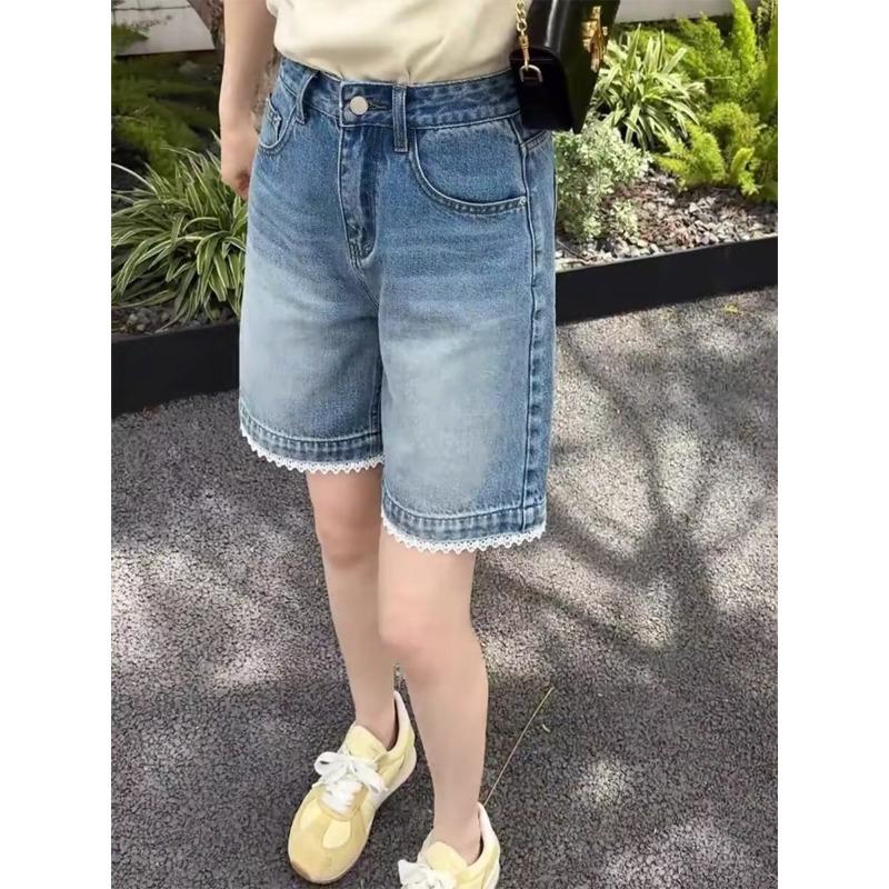 High Waist Light Wash Denim Shorts Summer Lace High Waist Five-point Straight Denim Shorts Women s Loose and Thin Casual A-word Wide-leg Medium Pants S