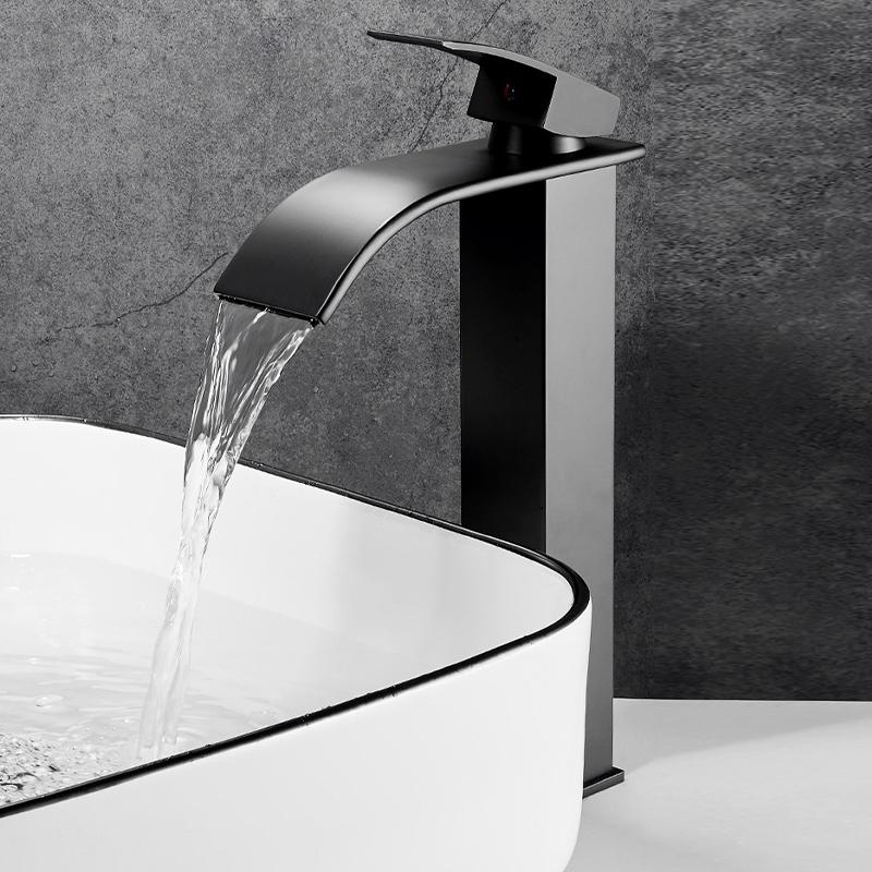 Black Home Waterfall Faucet Copper Core Hot Cold Wash Basin Faucet Bathroom Toilet Above Counter Basin Hot Cold Water Mixer Tap