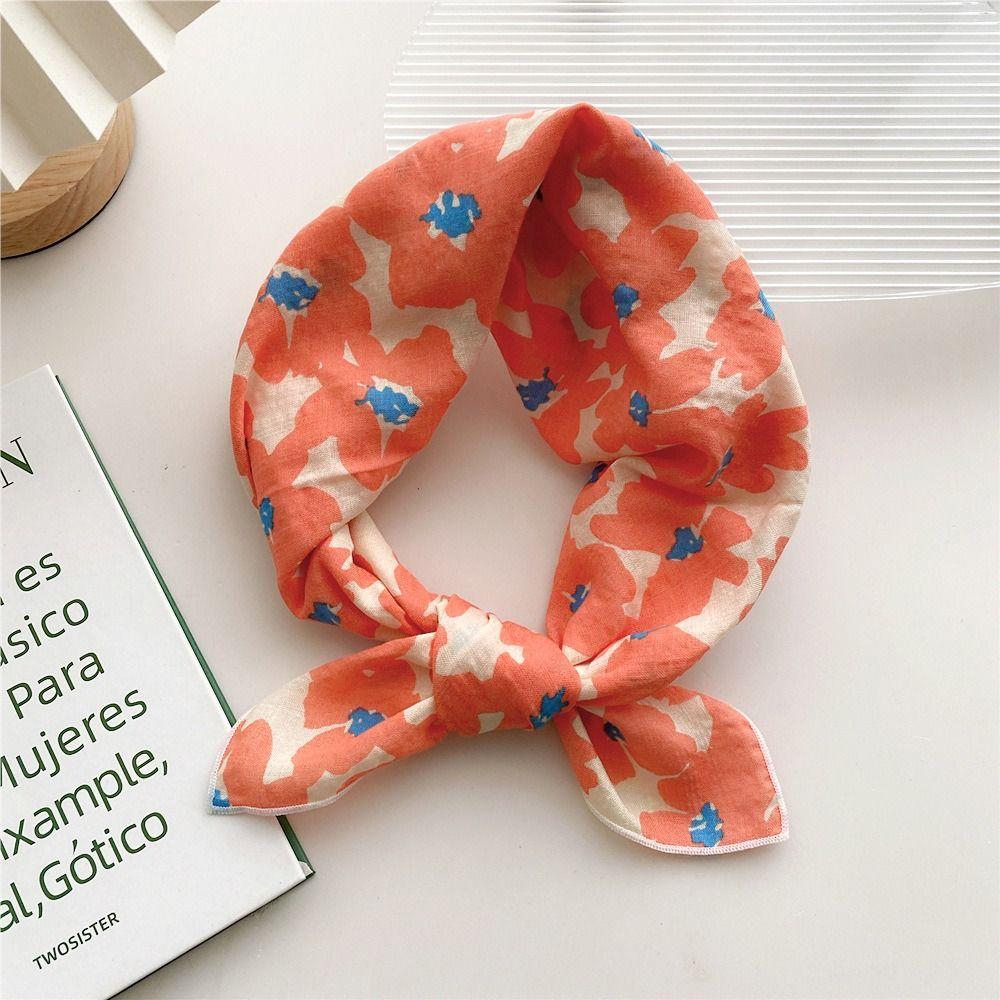 

Head Scarf Cotton Linen Square Scarf Pastoral Style Floral Kerchief Printed Silk Scarf Female L